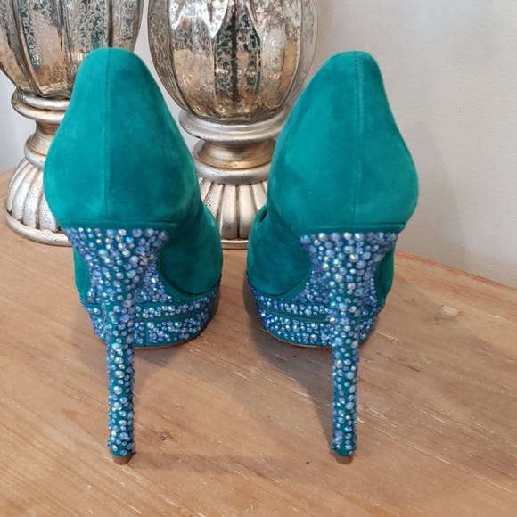 Brian Atwood Crystal Turquoise Suede Shoes Heels - Picture 2 of 8